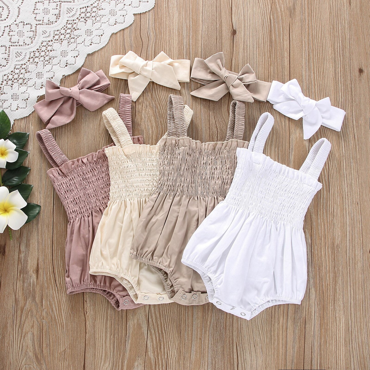 Girls' Solid Color Romper and Headband Set