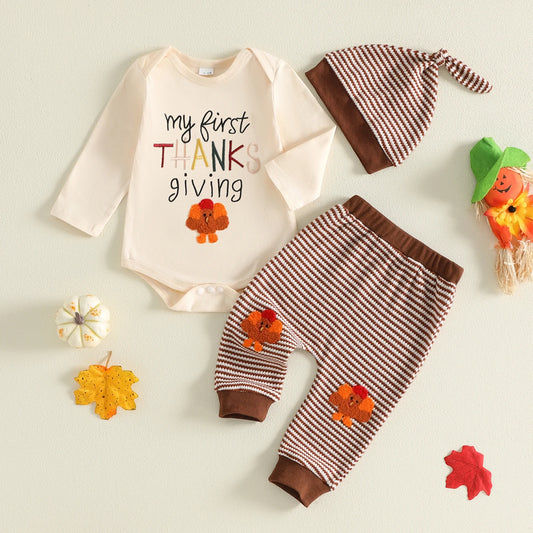 Baby Boy Thanksgiving Outfit Letter Embroidery Long Sleeve Romper Pants Hat