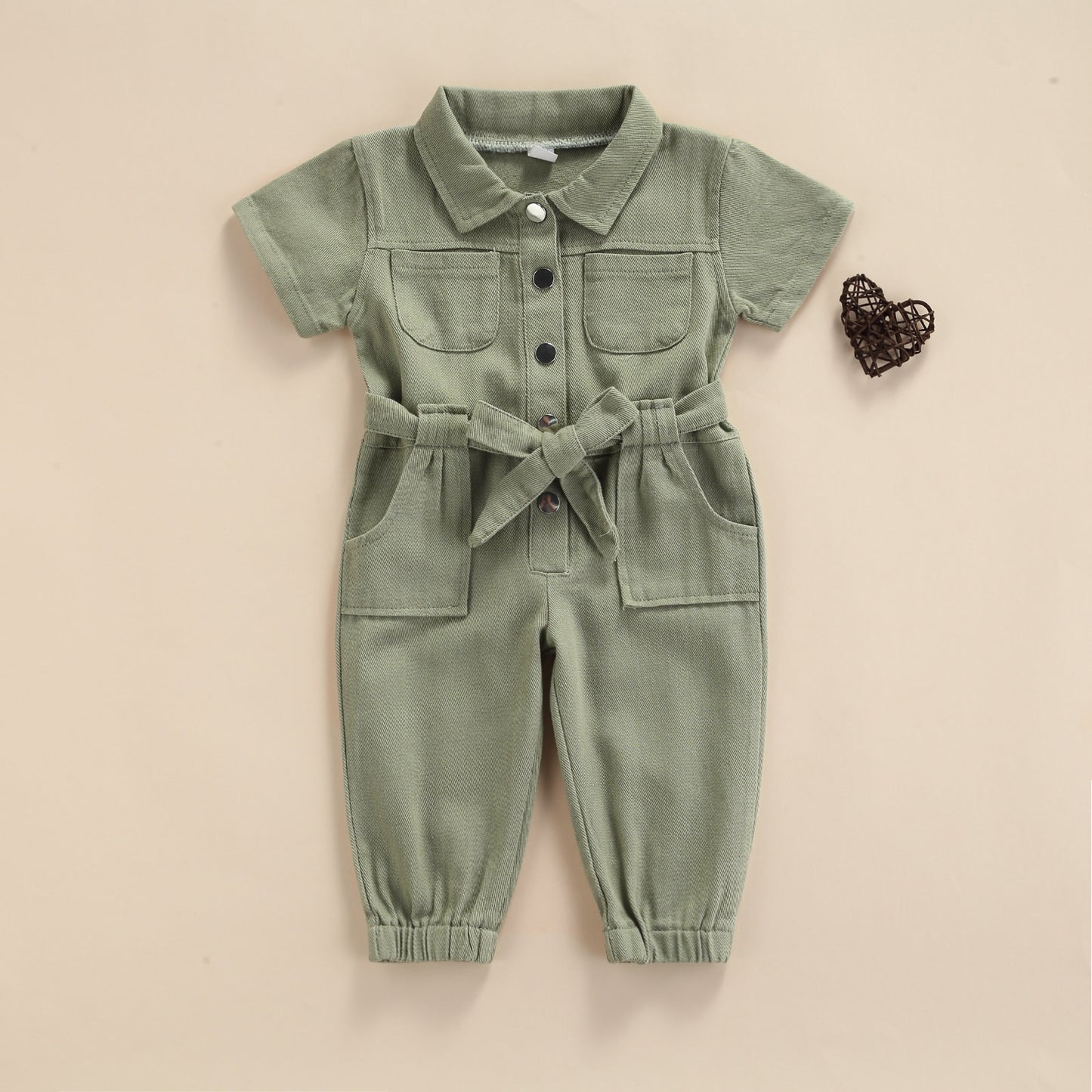 Girls' Short-Sleeved Belted Denim Jumpsuit