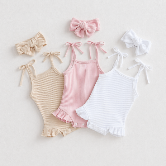 Soft Ribbed Flutter Tie-Strap Romper Set