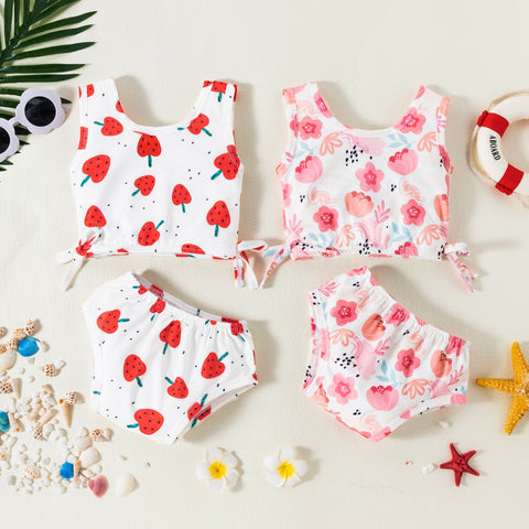 Girls' 2Pcs Floral/Strawberry Printed Swimsuit