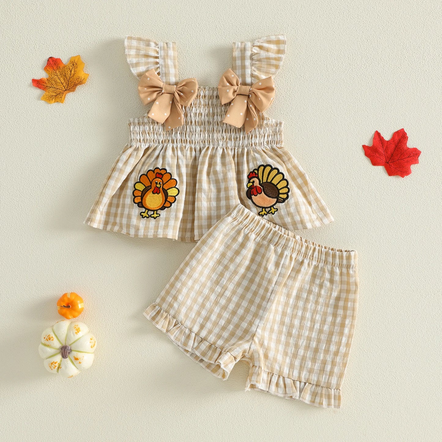 Harvest Charm Gingham Bow Short Set