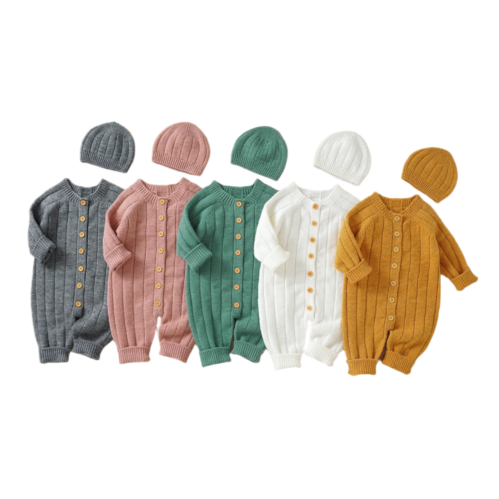 Button Knit Jumpsuit and Cap Set