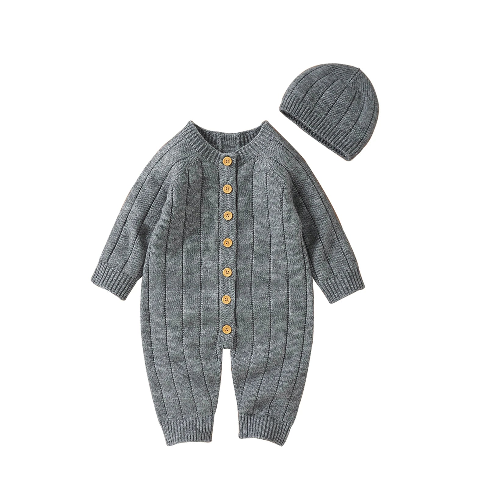 Button Knit Jumpsuit and Cap Set