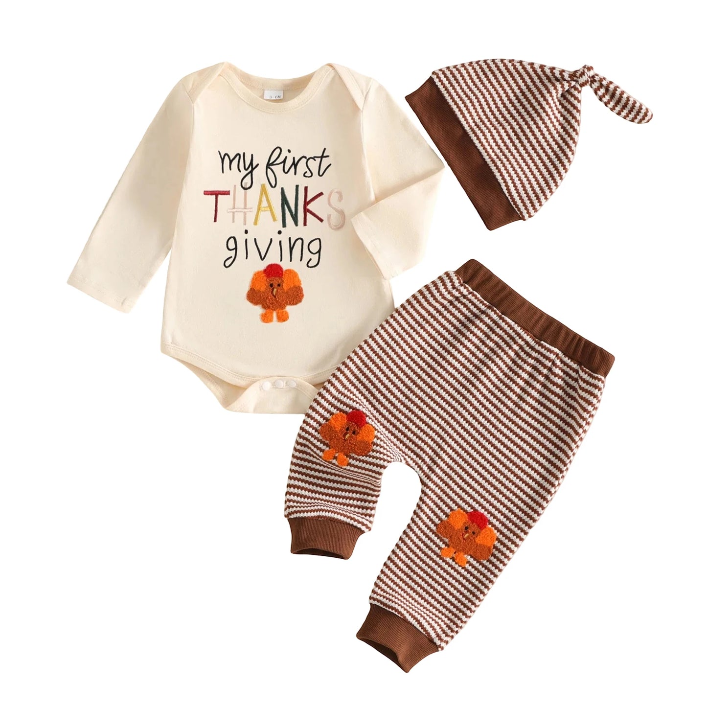 Baby Boy Thanksgiving Outfit Letter Embroidery Long Sleeve Romper Pants Hat