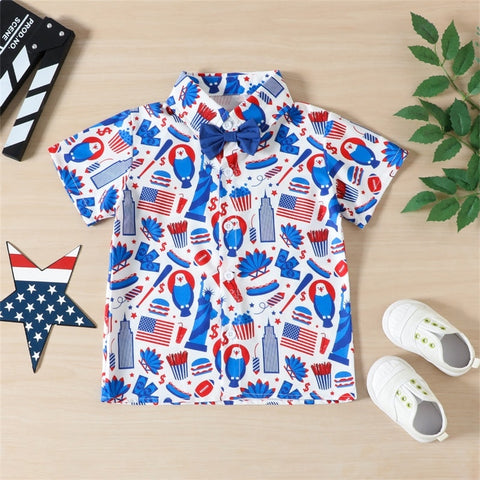 American Flag/Hat Print Button Up Shirt With Blue Shorts