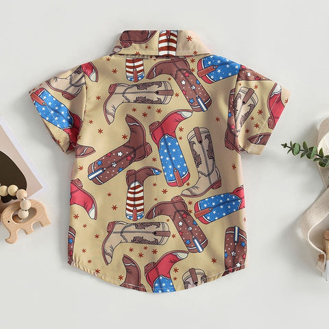 Fireworks/Boots/Guitar Print Collar Shirts for Independence Day