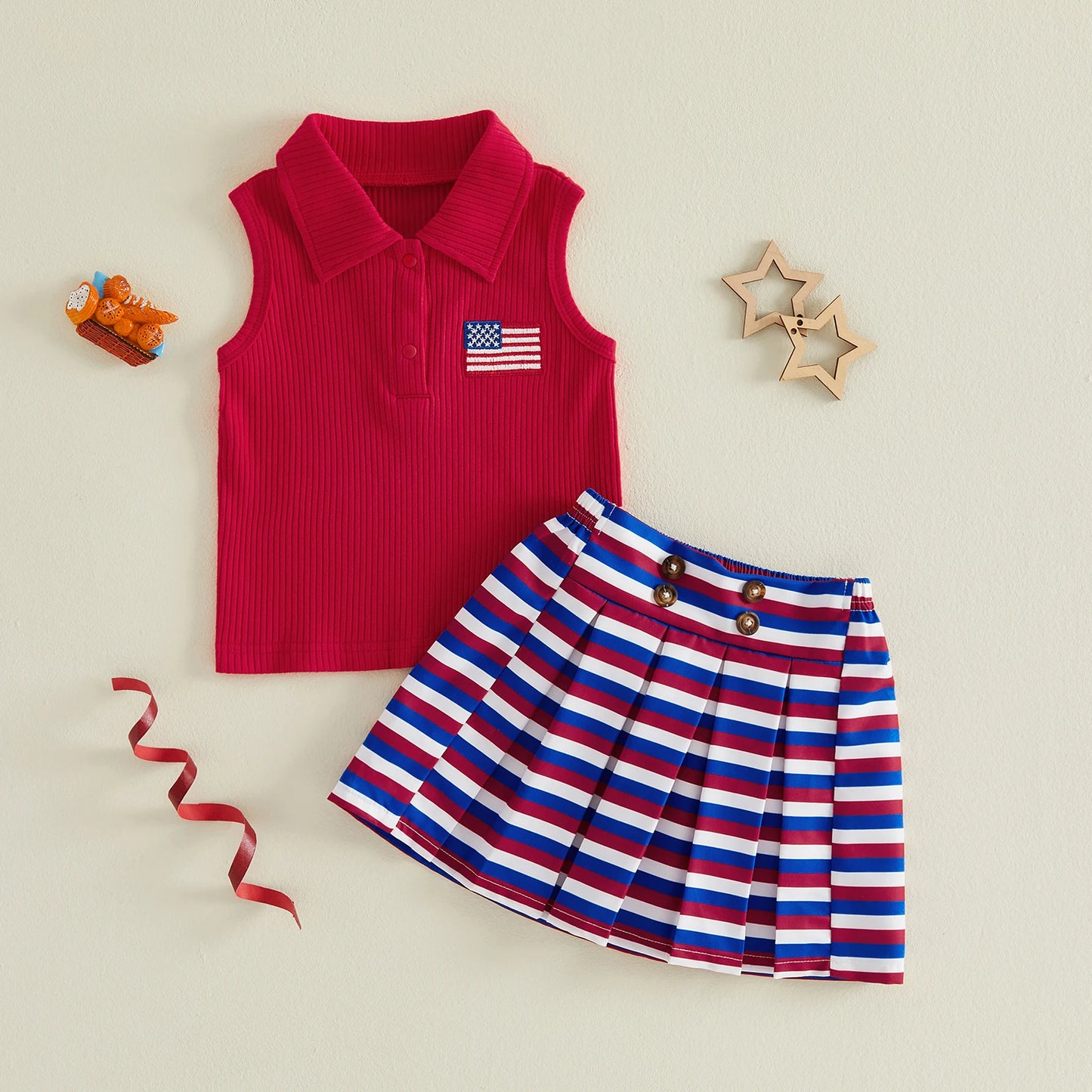 USA Flag Top & Striped Skirt Set