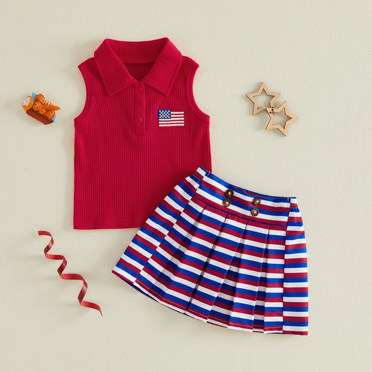 USA Flag Top & Striped Skirt Set