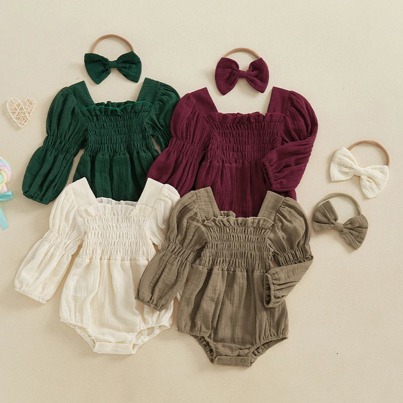 Smocked Long-Sleeve Romper & Bow Headband Set