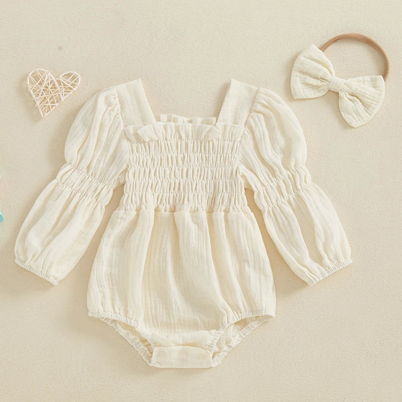 Smocked Long-Sleeve Romper & Bow Headband Set