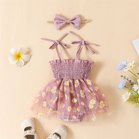 Girls' Pleated Flower Print Tulle Dress with Bowknot Headband