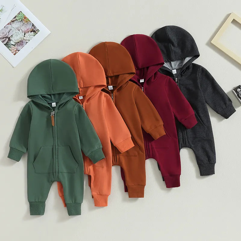 Baby Hooded Solid Color Zip Up Jumpsuits
