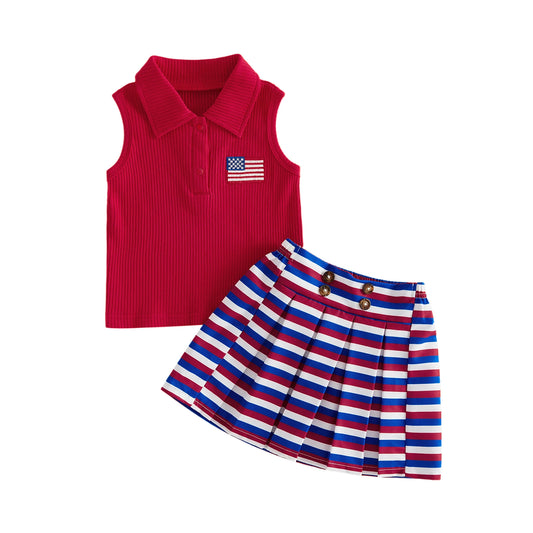 USA Flag Top & Striped Skirt Set