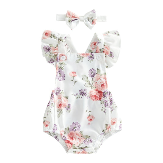 Girls' Pastel Floral Print Romper with Headband