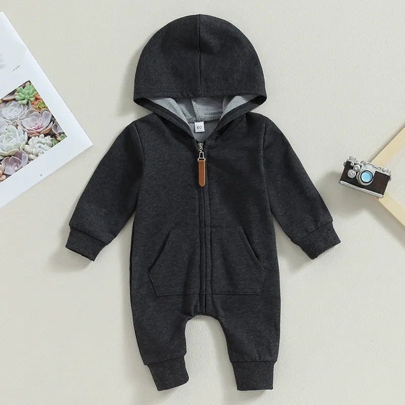 Baby Hooded Solid Color Zip Up Jumpsuits