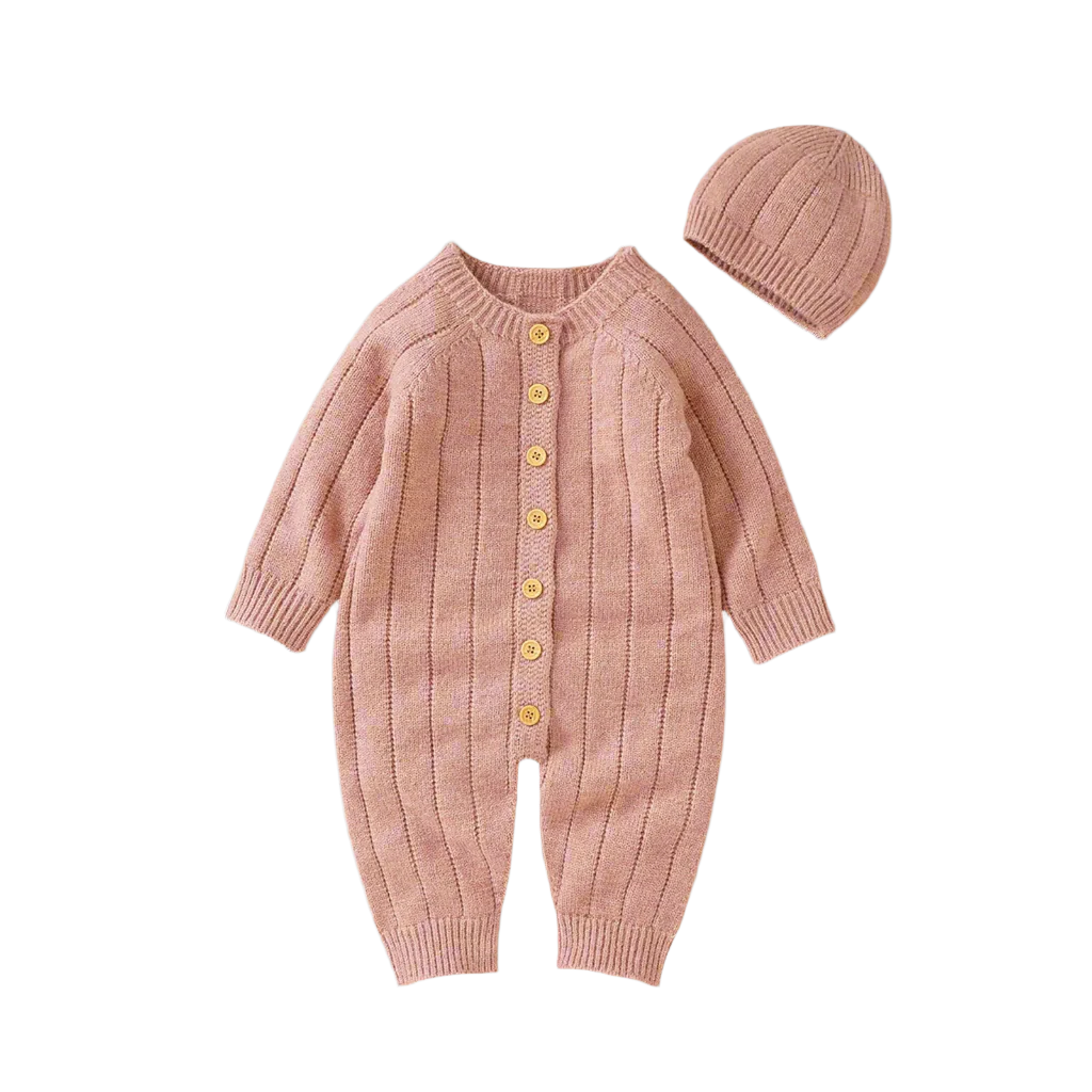 Button Knit Jumpsuit and Cap Set