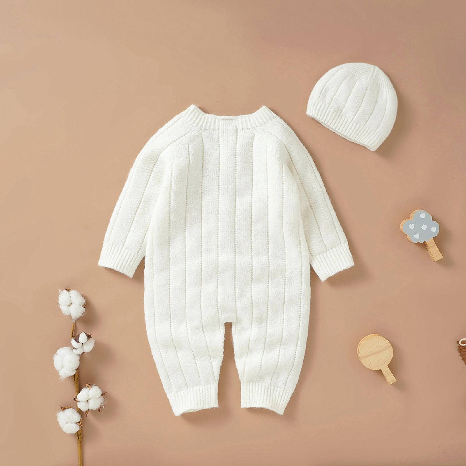 Button Knit Jumpsuit and Cap Set