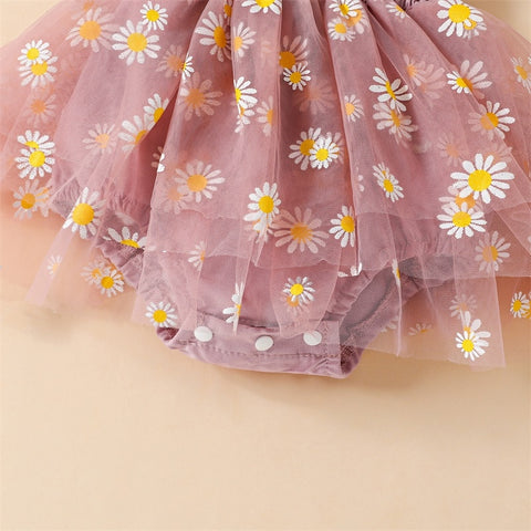 Girls' Pleated Flower Print Tulle Dress with Bowknot Headband