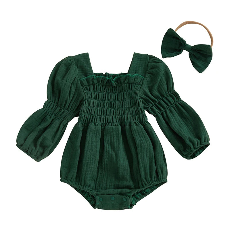 Smocked Long-Sleeve Romper & Bow Headband Set