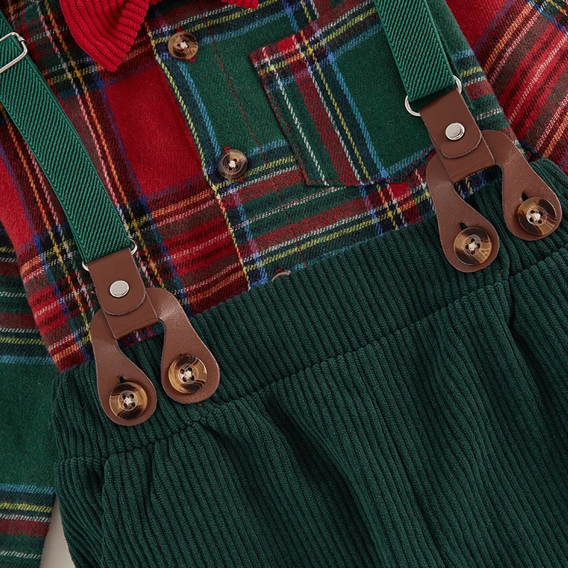 Red & Green Plaid Print Shirt & Suspender Pants Set
