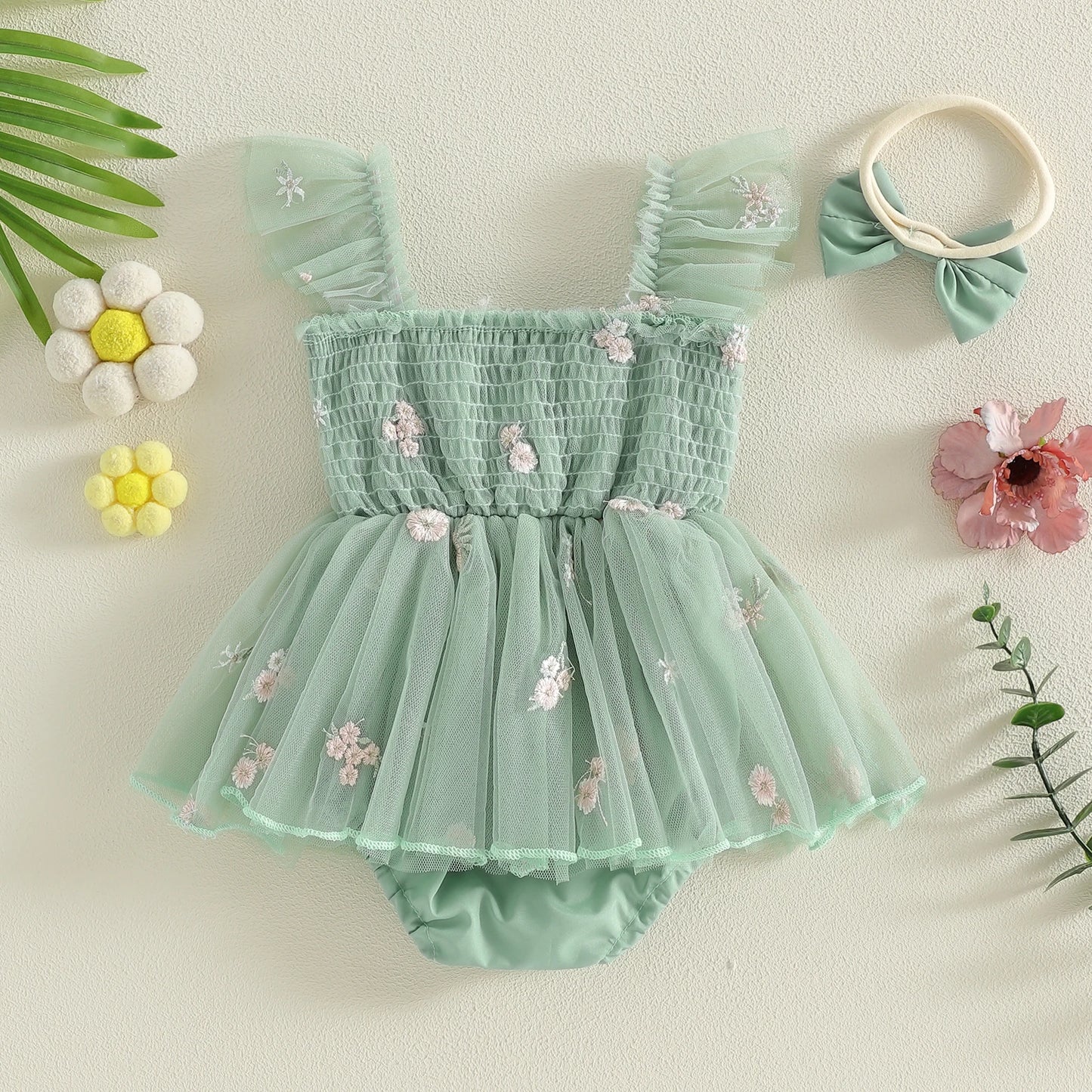 Sage Blossom Romper Dress Set