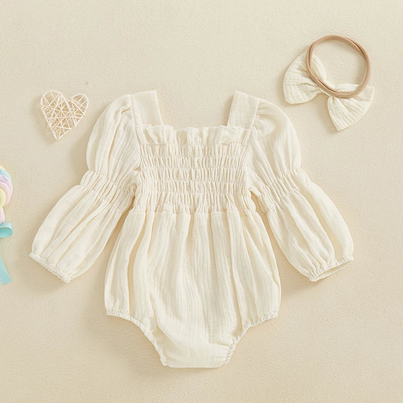 Smocked Long-Sleeve Romper & Bow Headband Set