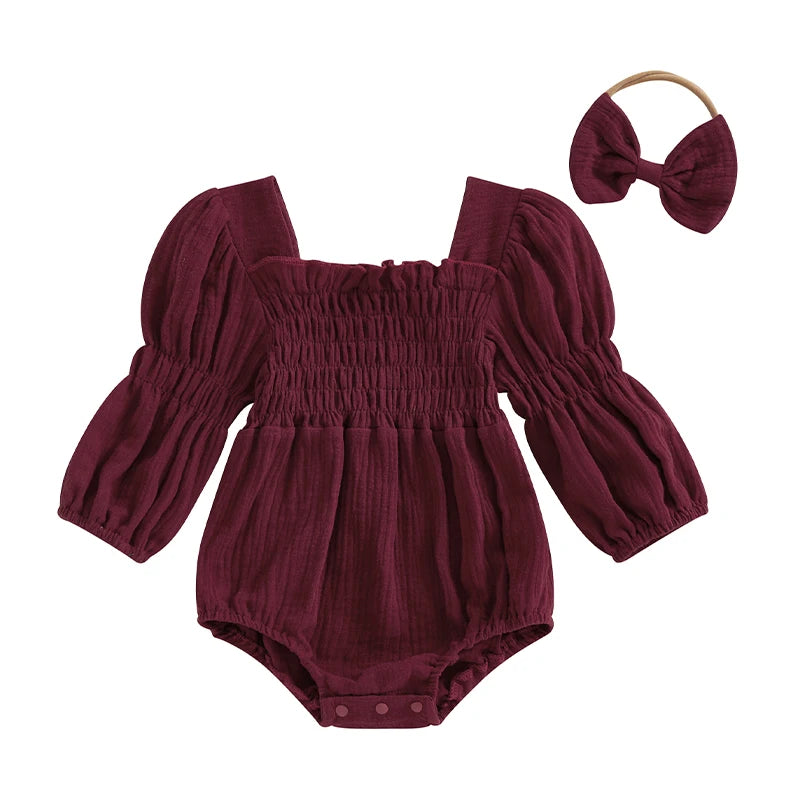 Smocked Long-Sleeve Romper & Bow Headband Set