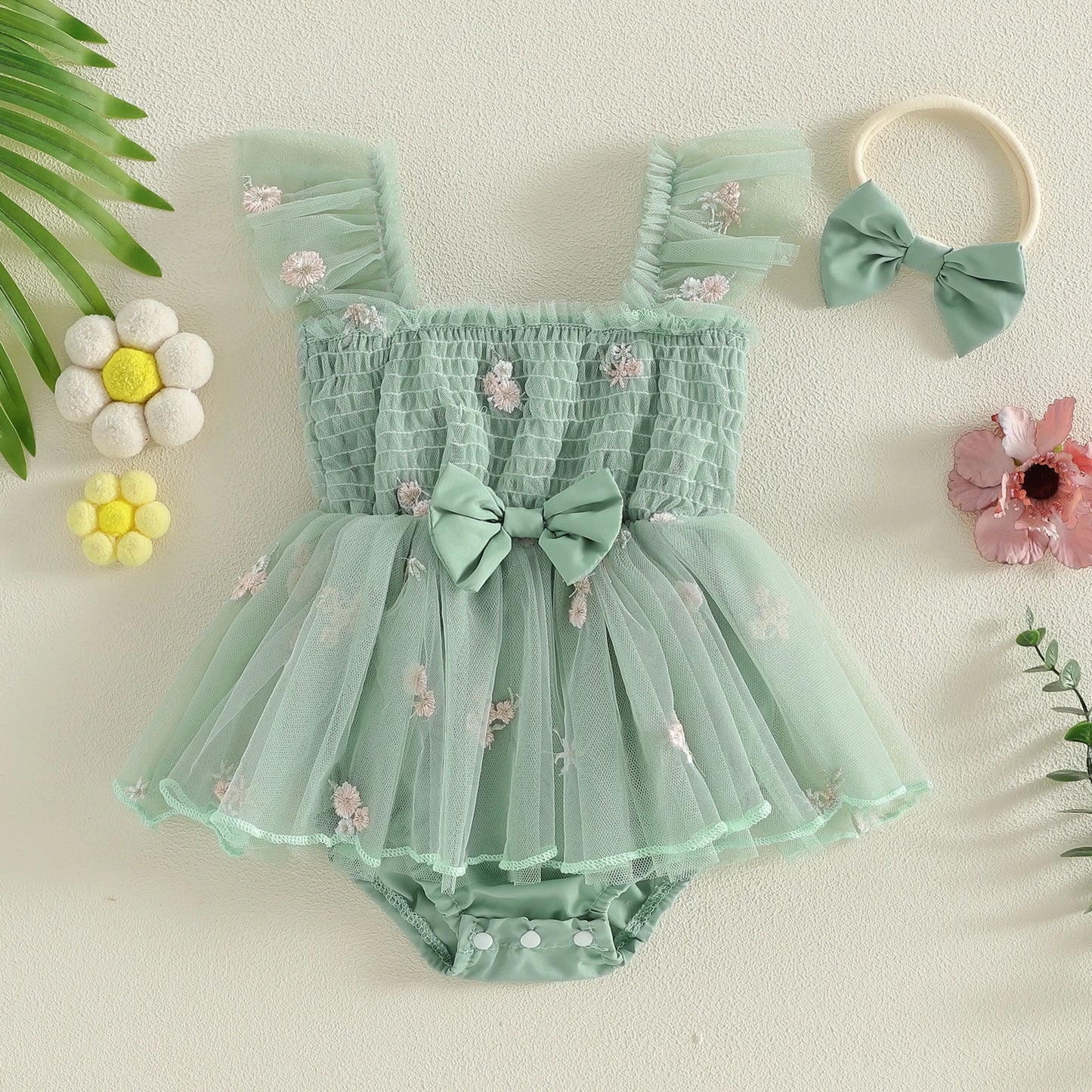 Sage Blossom Romper Dress Set