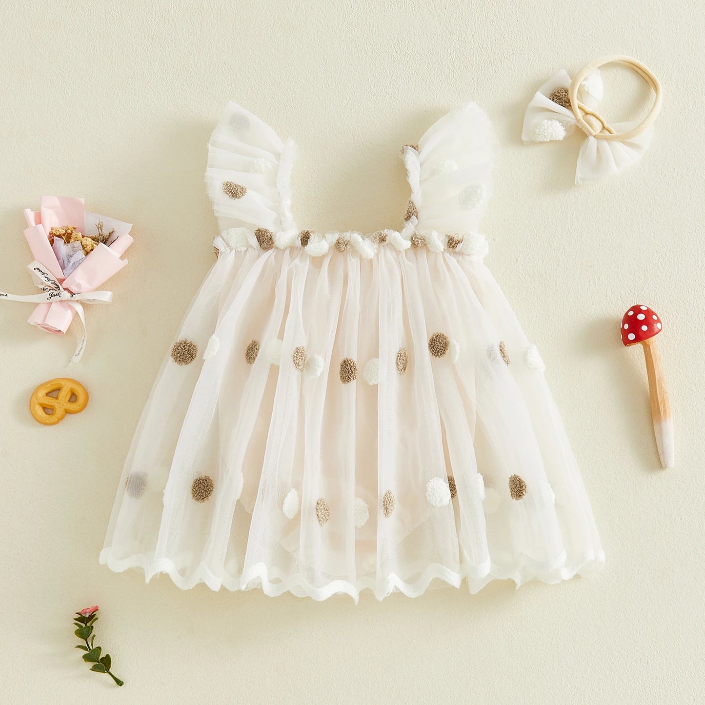Golden Petal Tulle Dress & Bow Headband Set