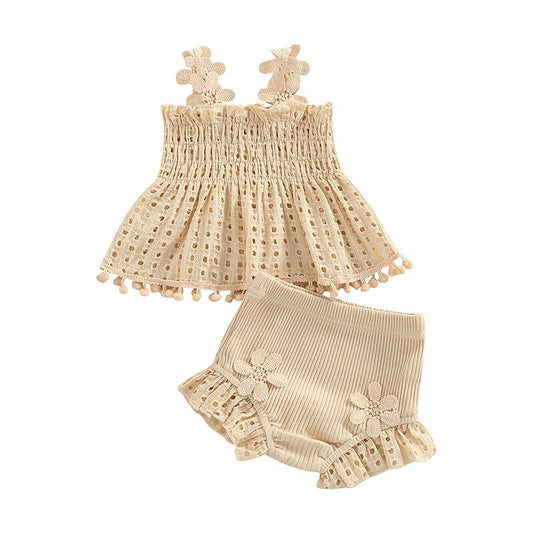 Blooming Flower Pleated Tank Top and Ruffle Shorts Set