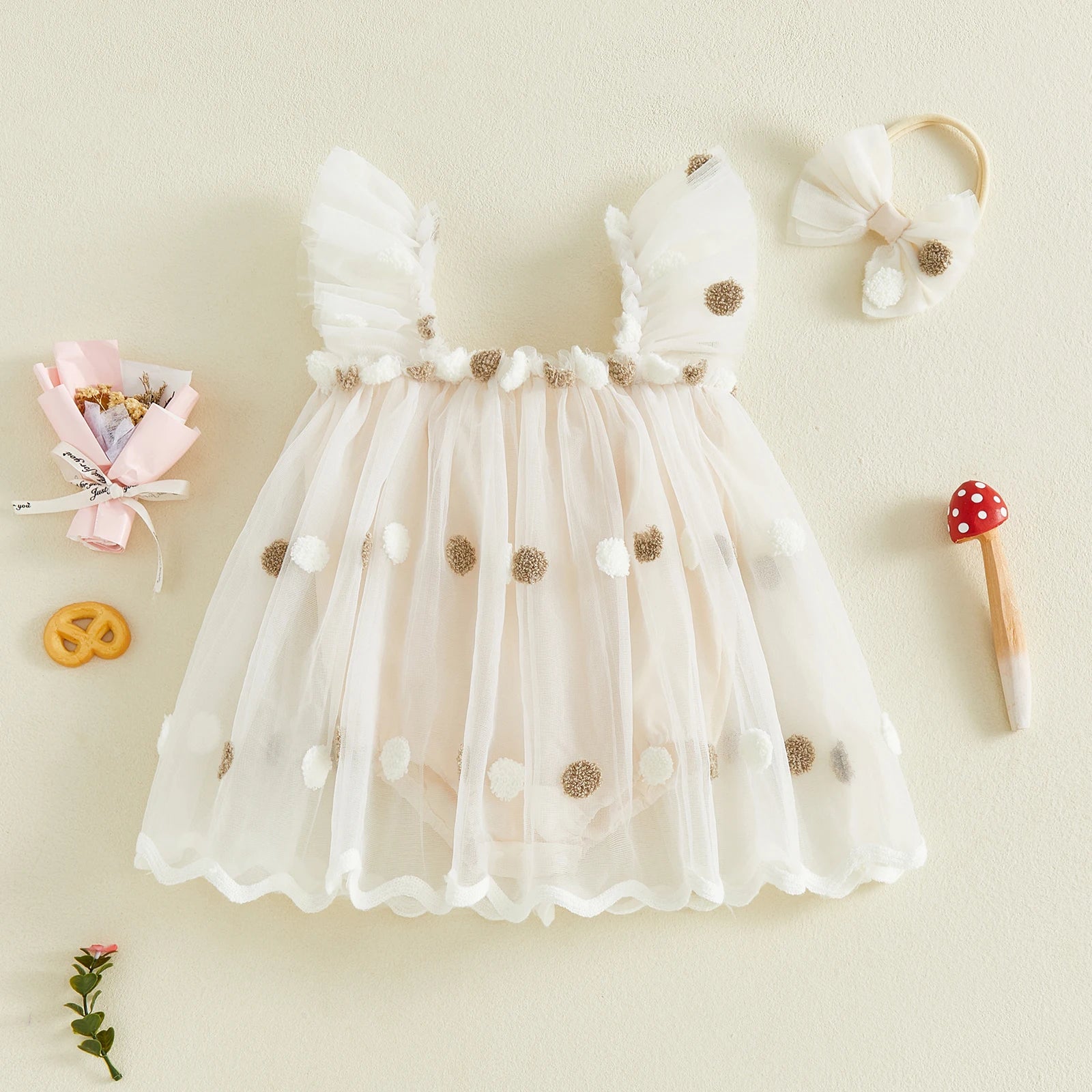 Golden Petal Tulle Dress & Bow Headband Set