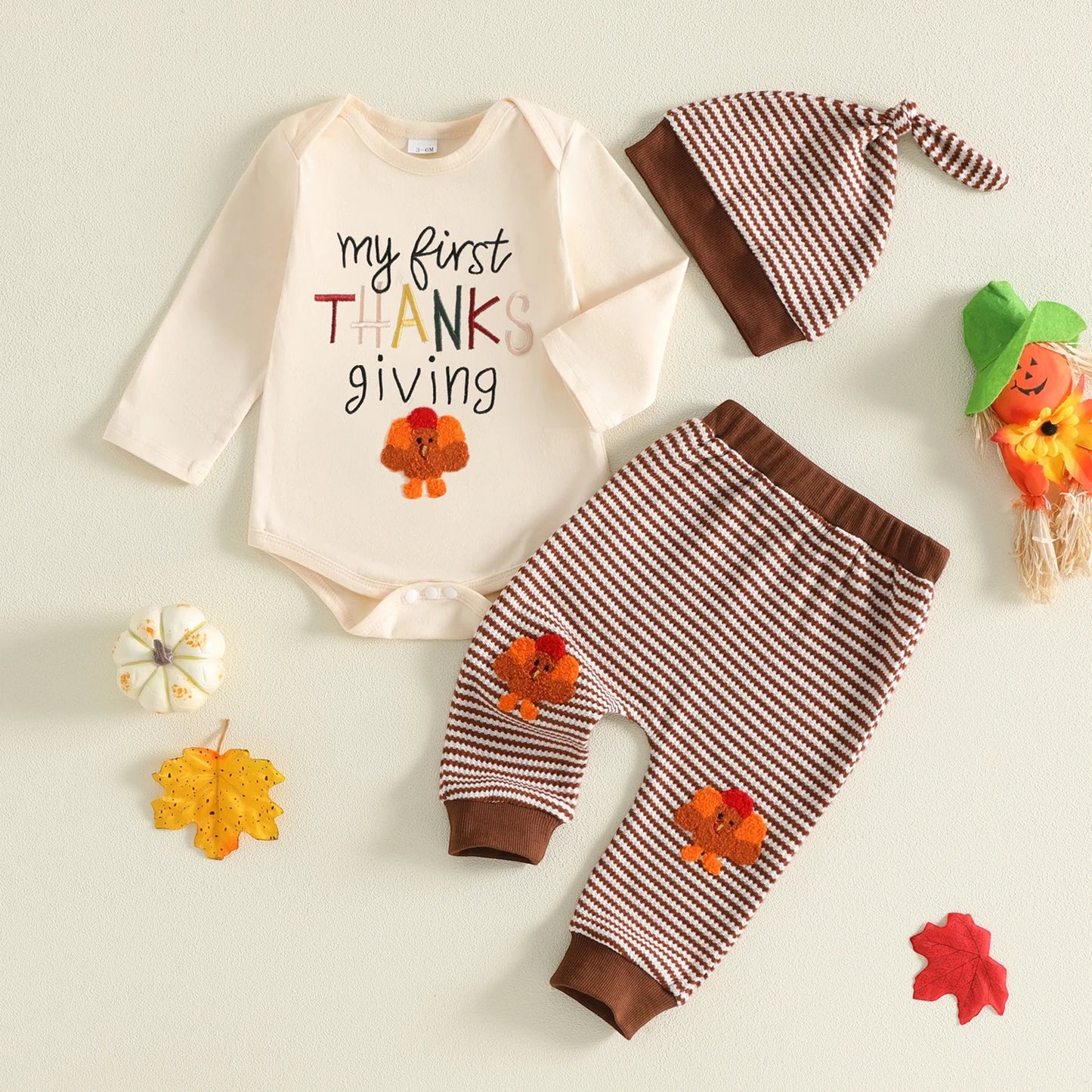 Baby Boy Thanksgiving Outfit Letter Embroidery Long Sleeve Romper Pants Hat