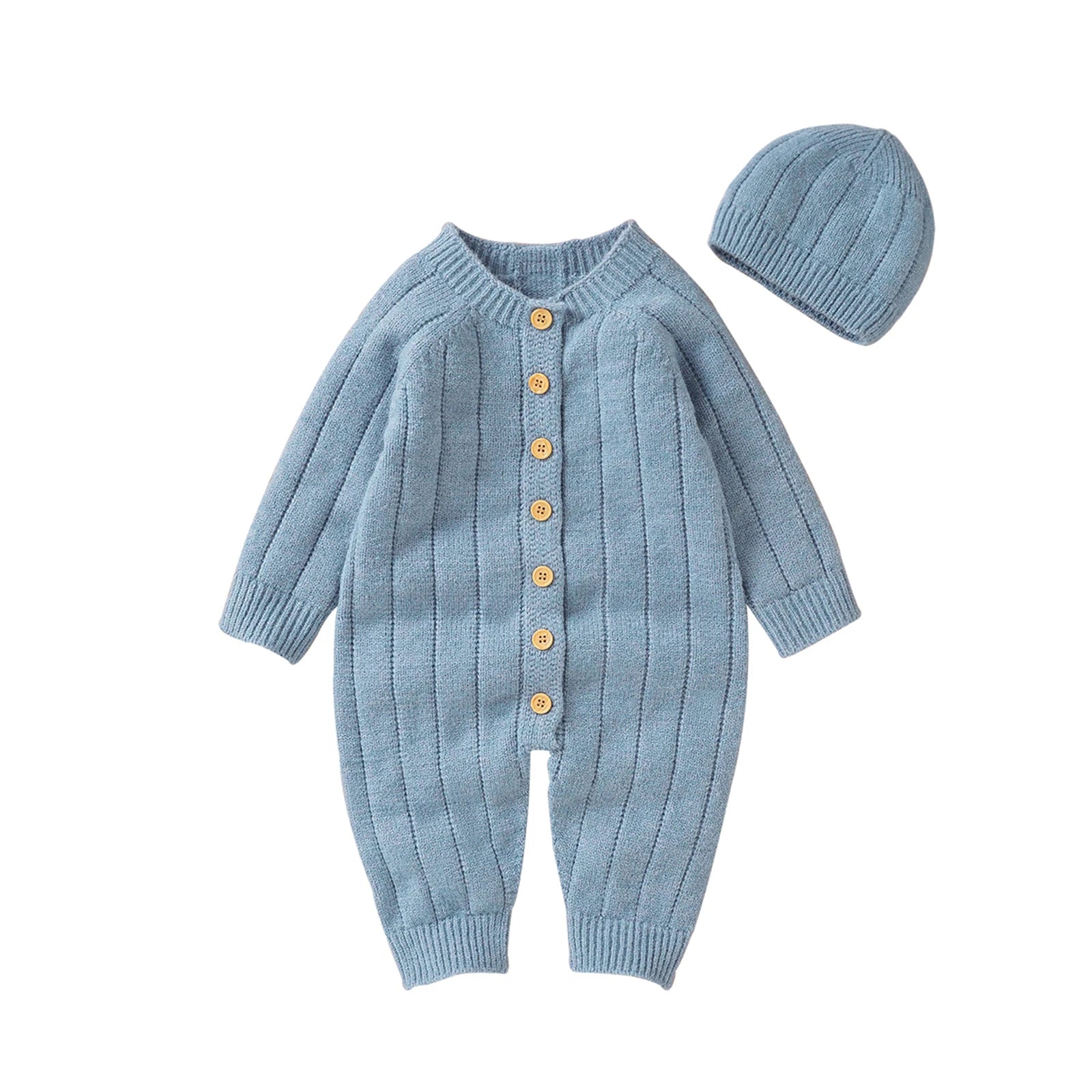 Button Knit Jumpsuit and Cap Set