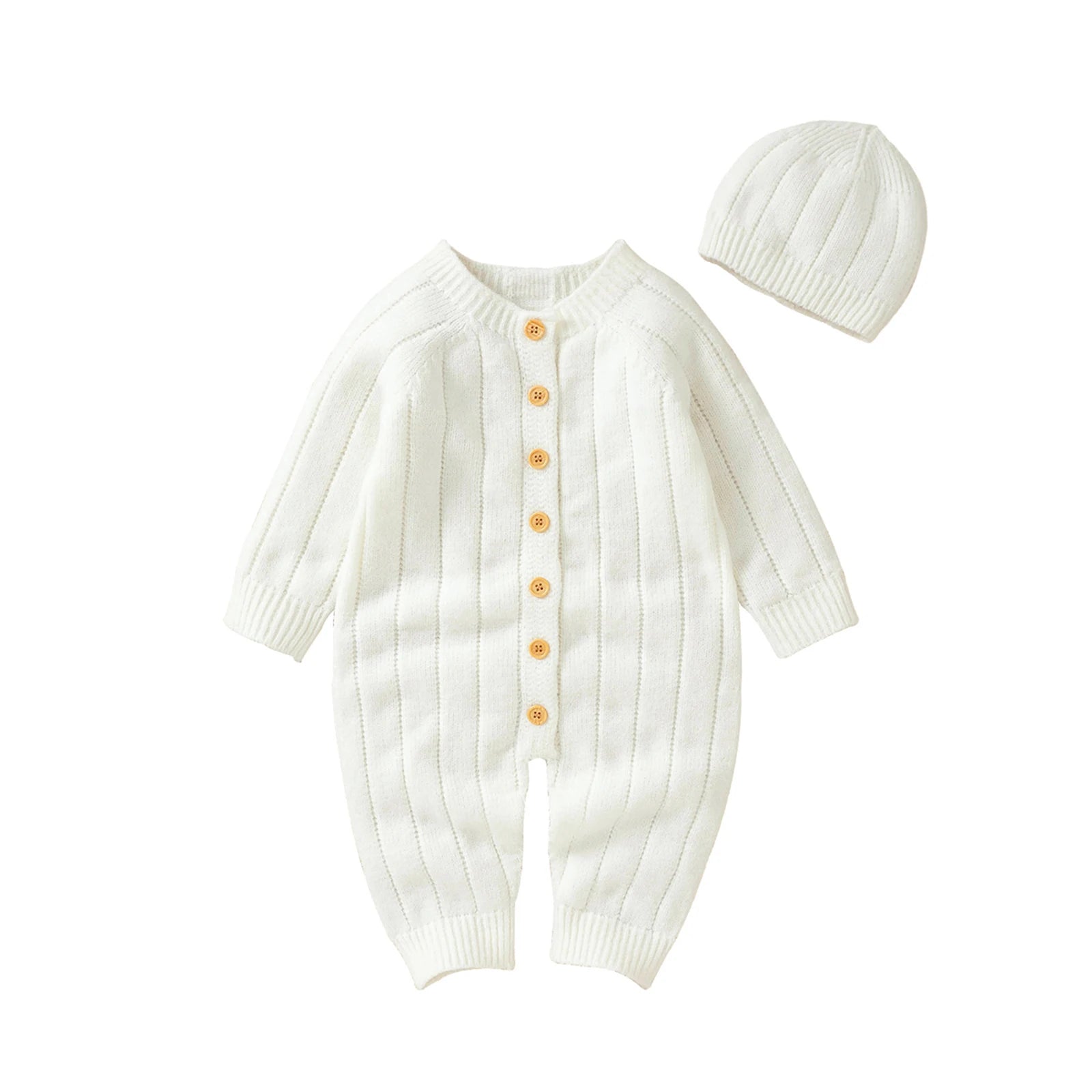 Button Knit Jumpsuit and Cap Set