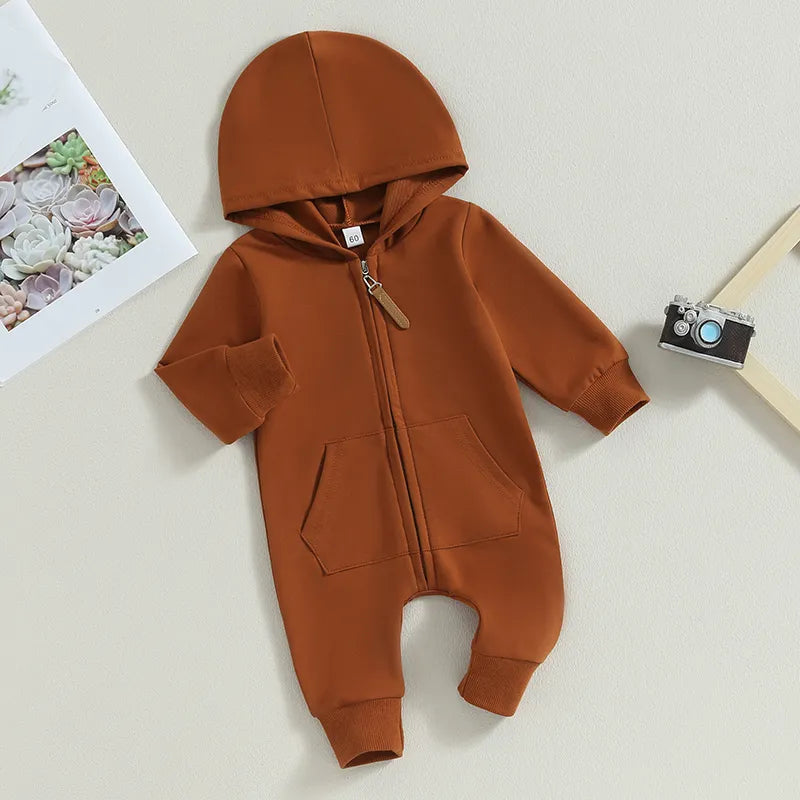Baby Hooded Solid Color Zip Up Jumpsuits