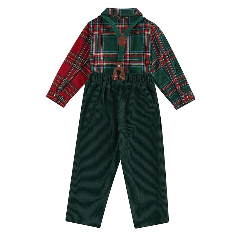 Red & Green Plaid Print Shirt & Suspender Pants Set