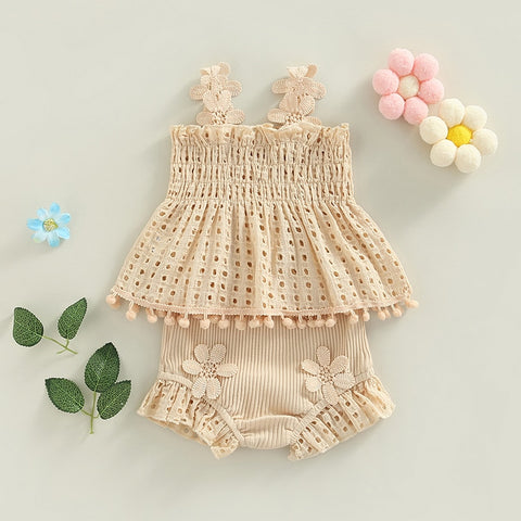 Blooming Flower Pleated Tank Top and Ruffle Shorts Set