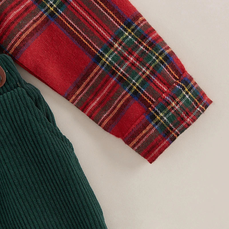 Red & Green Plaid Print Shirt & Suspender Pants Set