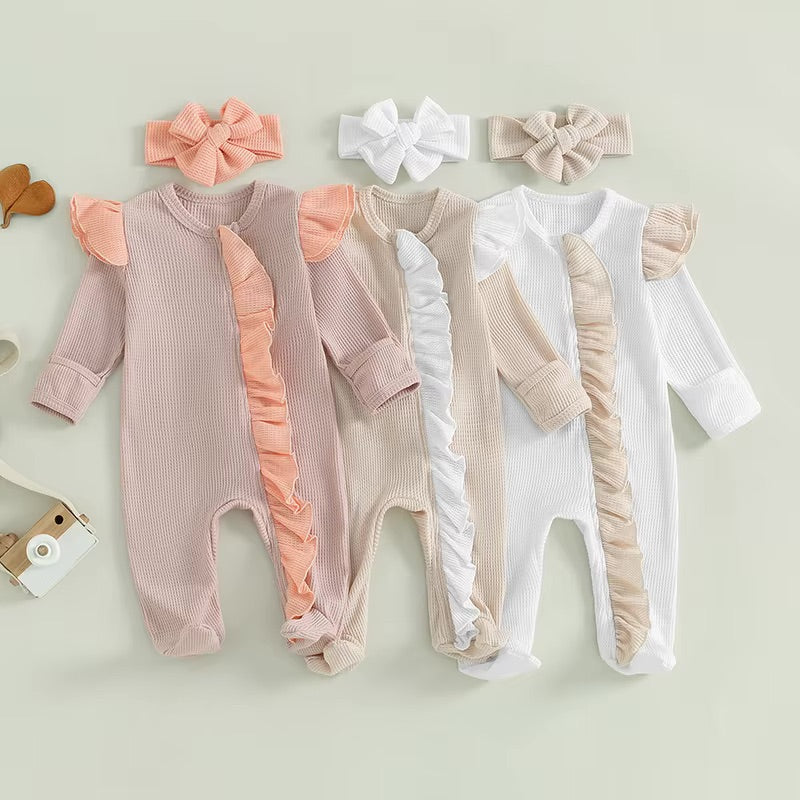 Blush Ruffle Ribbed Jumpsuit & Bow Set