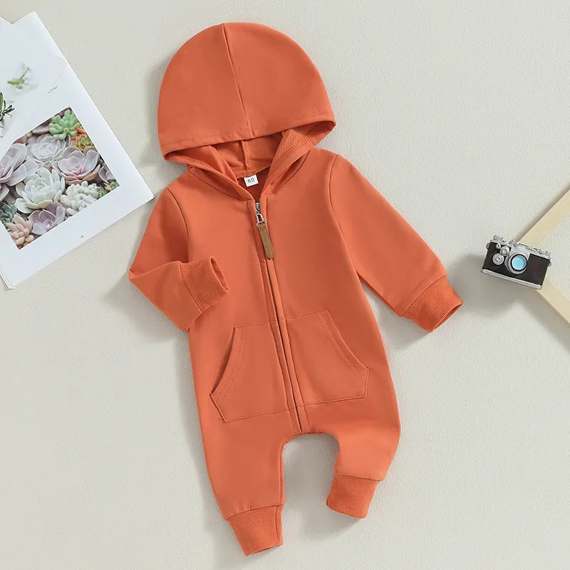 Baby Hooded Solid Color Zip Up Jumpsuits