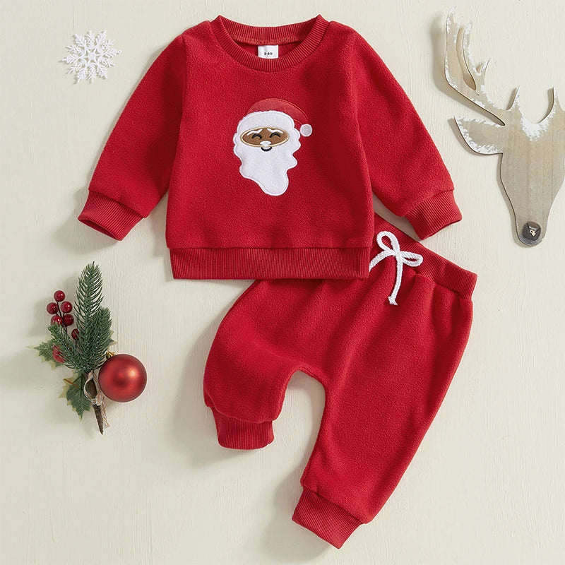 Santa Embroidery Sweatshirts & Pants Set