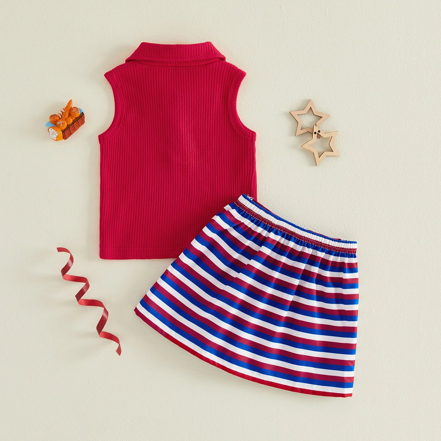 USA Flag Top & Striped Skirt Set
