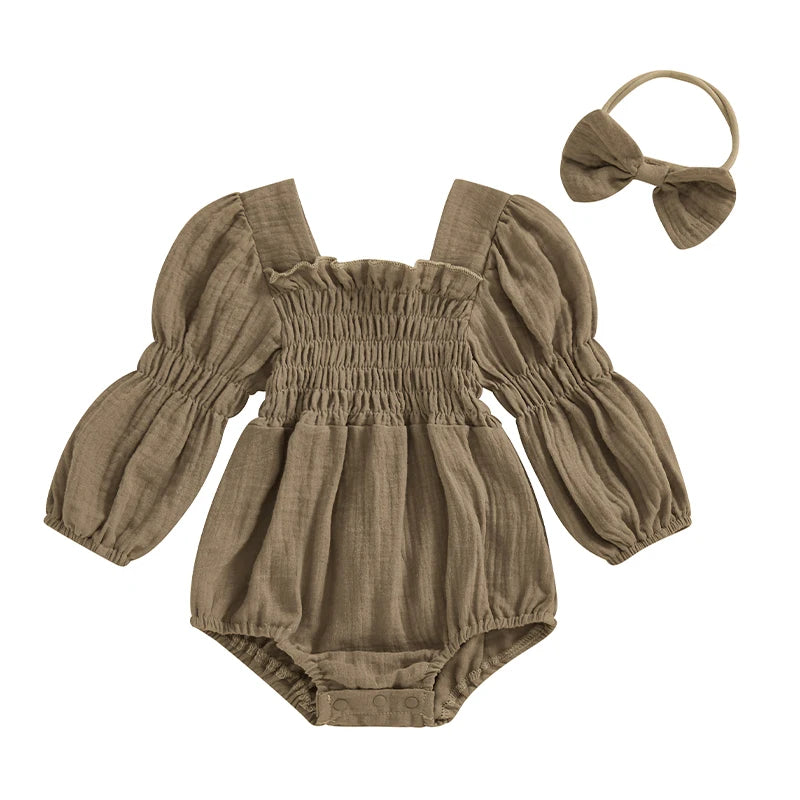 Smocked Long-Sleeve Romper & Bow Headband Set