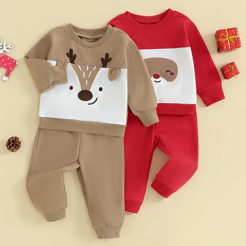 Reindeer Print Sweatshirt and Solid Color Pants Sets