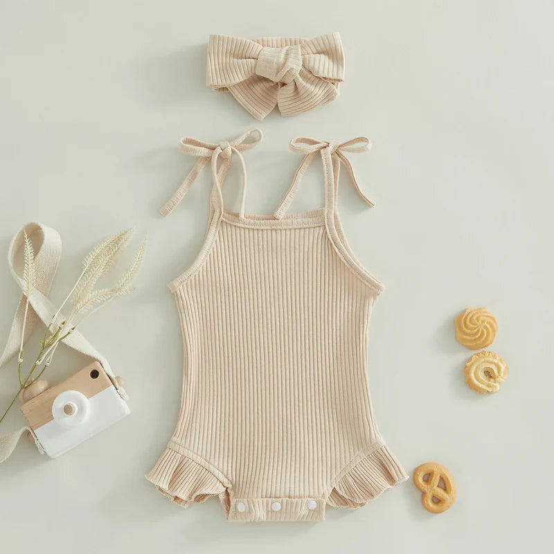 Soft Ribbed Flutter Tie-Strap Romper Set