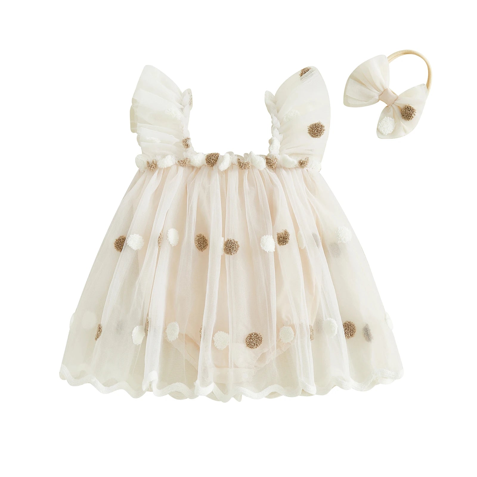 Golden Petal Tulle Dress & Bow Headband Set