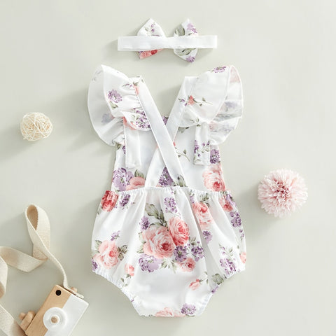 Girls' Pastel Floral Print Romper with Headband