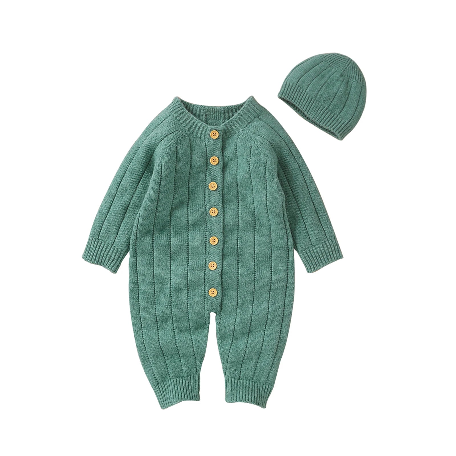 Button Knit Jumpsuit and Cap Set
