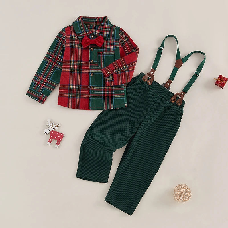 Red & Green Plaid Print Shirt & Suspender Pants Set